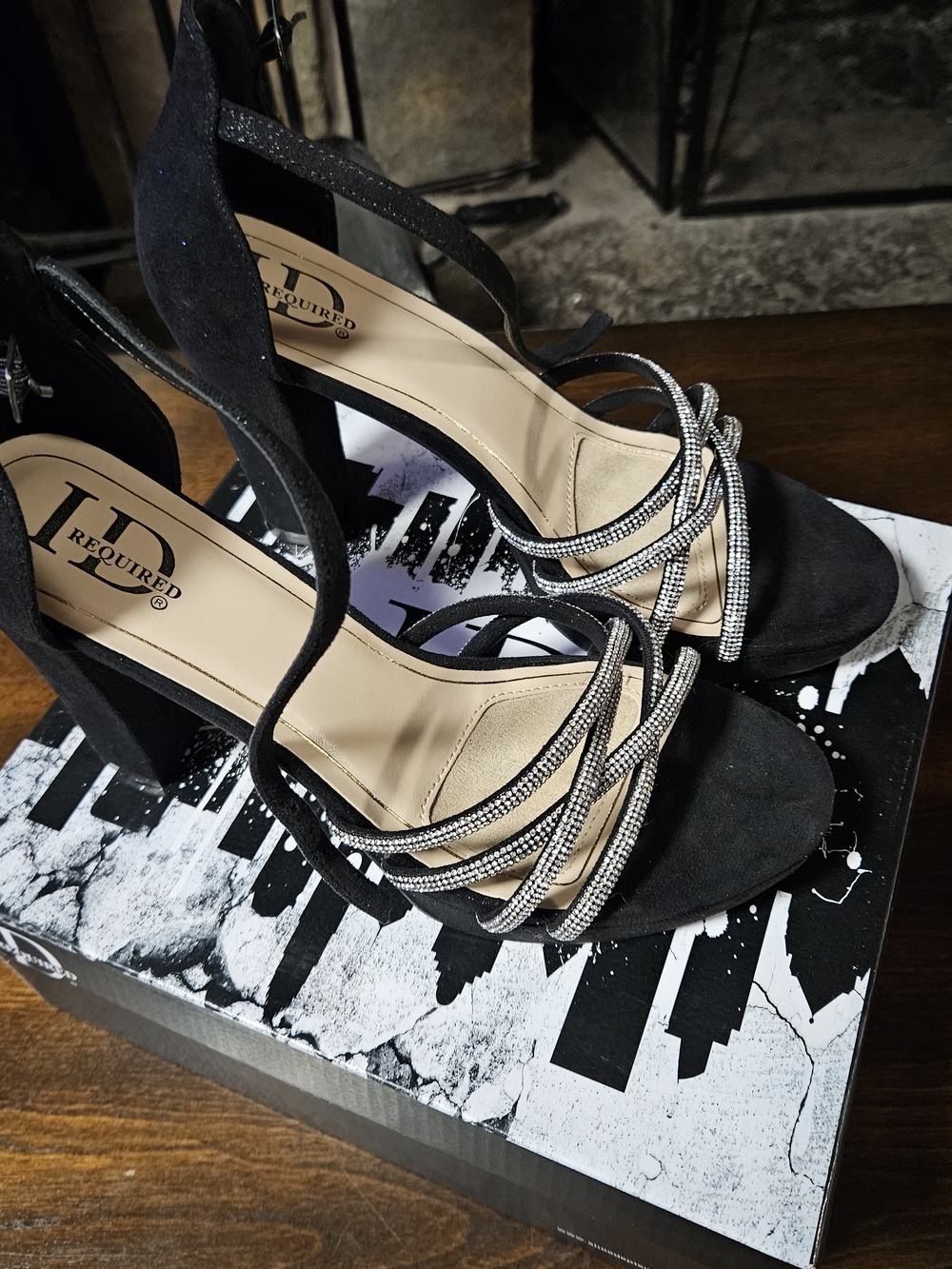 ID Required Black Suede Rhinestone Strappy Block Heels